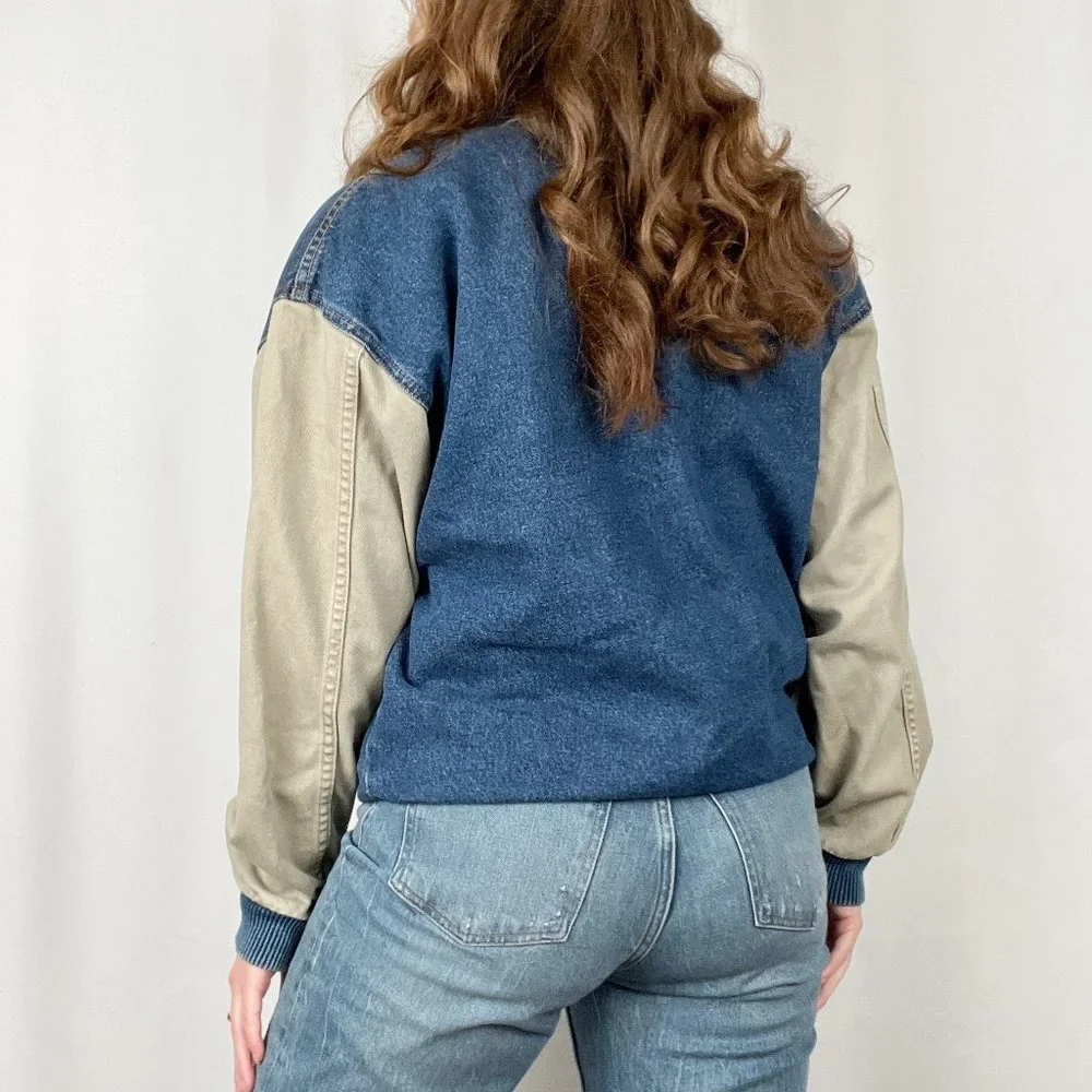 Vintage Denim Bomber Varsity Trucker Sherpa Lined Oversized Jean Jacket Coat - Picture 2 of 7